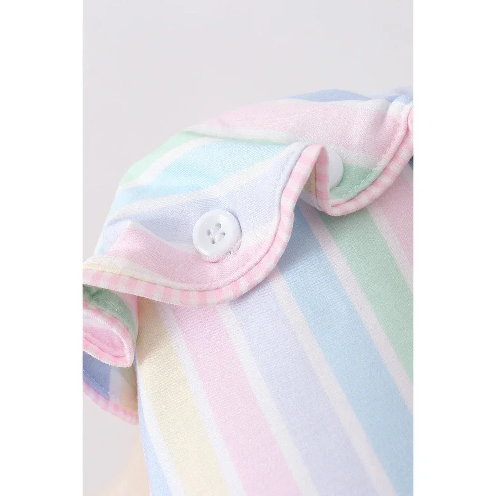 Pastel Rainbow Striped Sun Bonnet Pink Gingham Trim Wide Brim Tie Buttons NEW